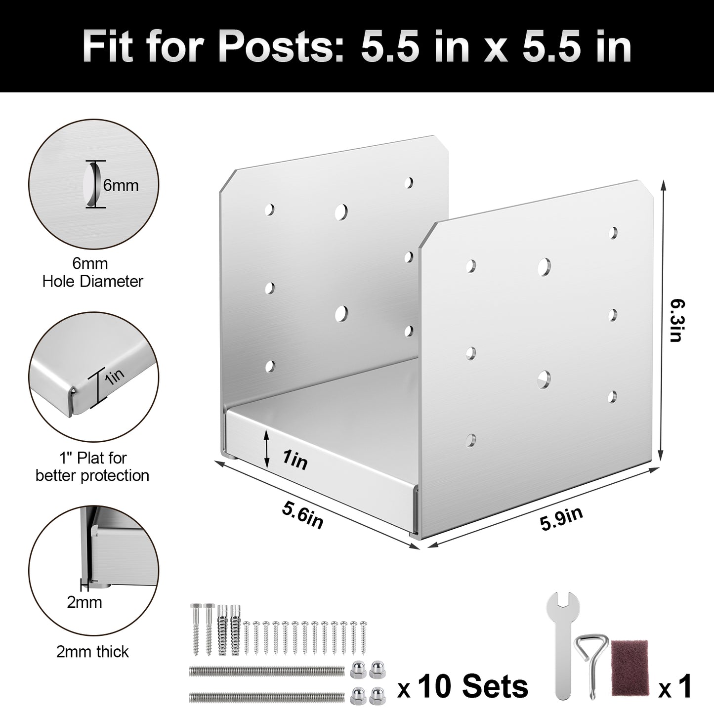 FMhotu 6"x 6" Post Base, Stainless Steel Adjustable Post Anchor Bracket(Internal 5.5 x 5.5), Adjustable Post Base for Pavilion Deck Porch Handrail Railing Support Decorative Anchor Plate