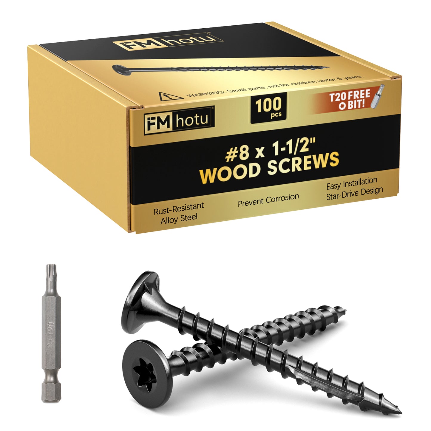 #8 x 1-1/2" Deck Screws, Star Drive Wood Screws, Rust Resistant Timber Screws for Timber/Log/Landscaping Wood, T20 Star Bit Included, Black