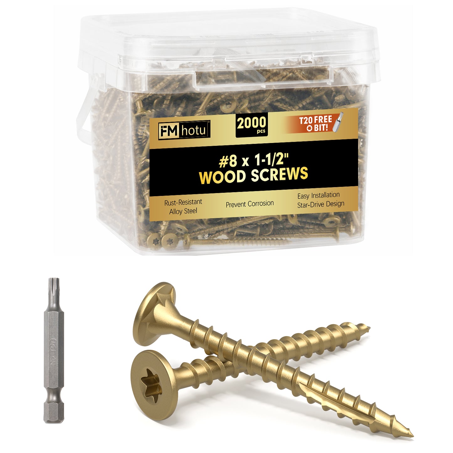 #8 x 1-1/2" Deck Screws, Star Drive Wood Screws, Rust Resistant Timber Screws for Timber/Log/Landscaping Wood, T20 Star Bit Included, Gold