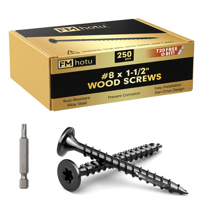 #8 x 1-1/2" Deck Screws, Star Drive Wood Screws, Rust Resistant Timber Screws for Timber/Log/Landscaping Wood, T20 Star Bit Included, Black
