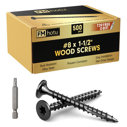 #8 x 1-1/2" Deck Screws, Star Drive Wood Screws, Rust Resistant Timber Screws for Timber/Log/Landscaping Wood, T20 Star Bit Included, Black