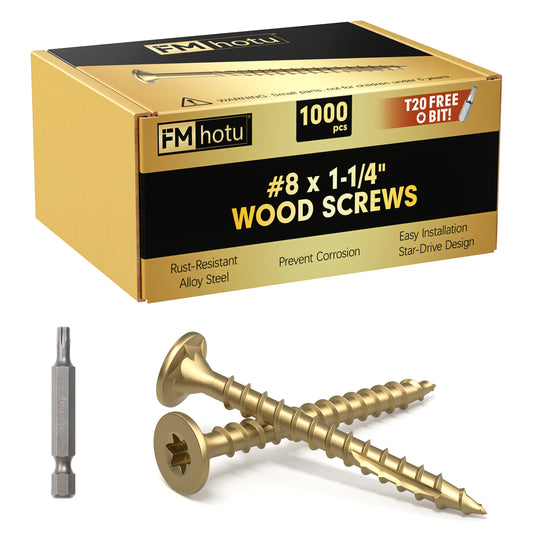 #8 x 1-1/4" Deck Screws, Star Drive Wood Screws, Rust Resistant Timber Screws for Timber/Log/Landscaping Wood, T20 Star Bit Included, Gold
