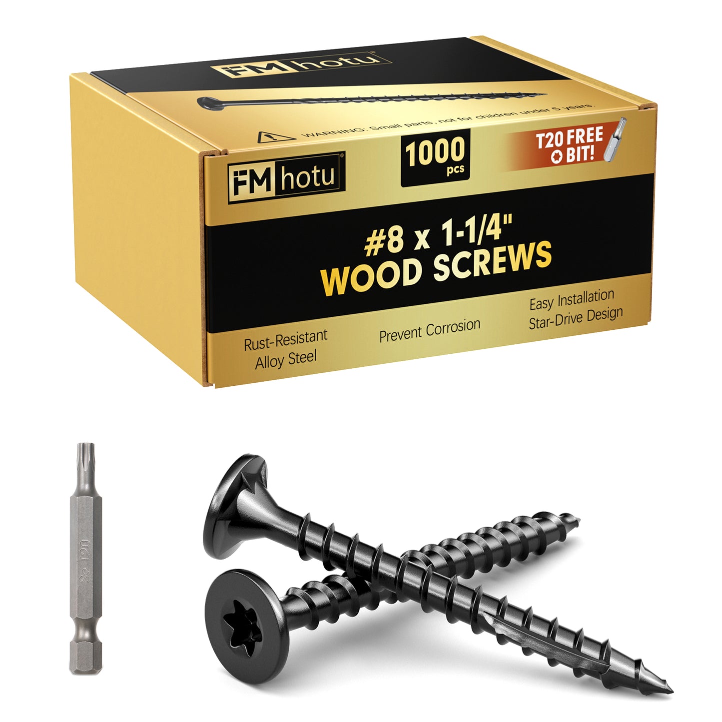 #8 x 1-1/4" Deck Screws, Star Drive Wood Screws, Rust Resistant Timber Screws for Timber/Log/Landscaping Wood, T20 Star Bit Included, Black