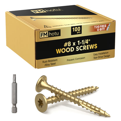 #8 x 1-1/4" Deck Screws, Star Drive Wood Screws, Rust Resistant Timber Screws for Timber/Log/Landscaping Wood, T20 Star Bit Included, Gold