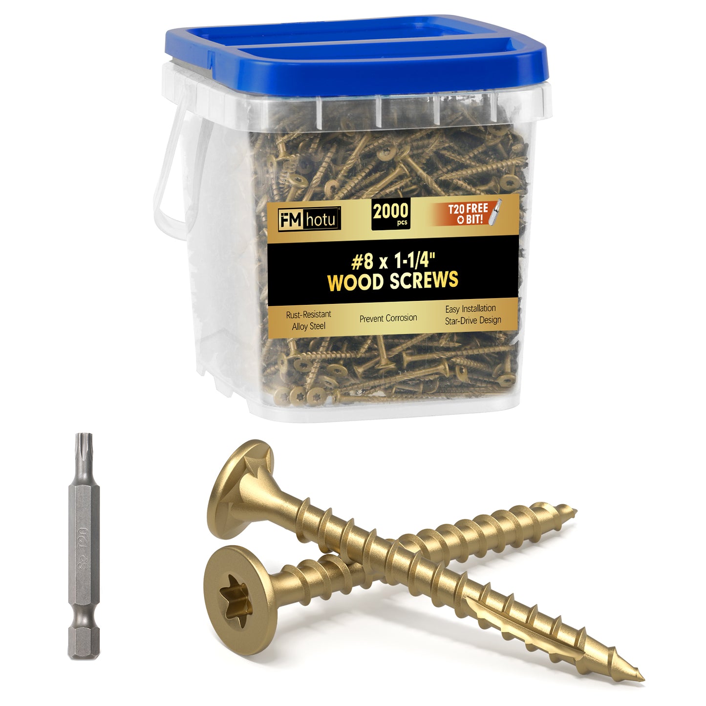 #8 x 1-1/4" Deck Screws, Star Drive Wood Screws, Rust Resistant Timber Screws for Timber/Log/Landscaping Wood, T20 Star Bit Included, Gold