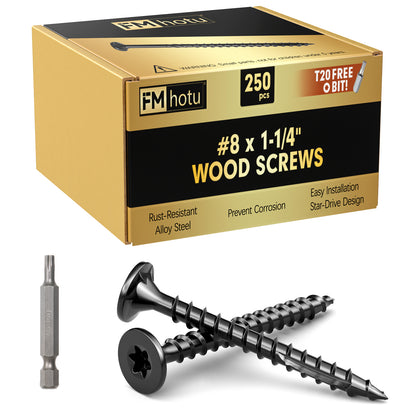 #8 x 1-1/4" Deck Screws, Star Drive Wood Screws, Rust Resistant Timber Screws for Timber/Log/Landscaping Wood, T20 Star Bit Included, Black
