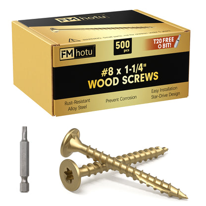 #8 x 1-1/4" Deck Screws, Star Drive Wood Screws, Rust Resistant Timber Screws for Timber/Log/Landscaping Wood, T20 Star Bit Included, Gold