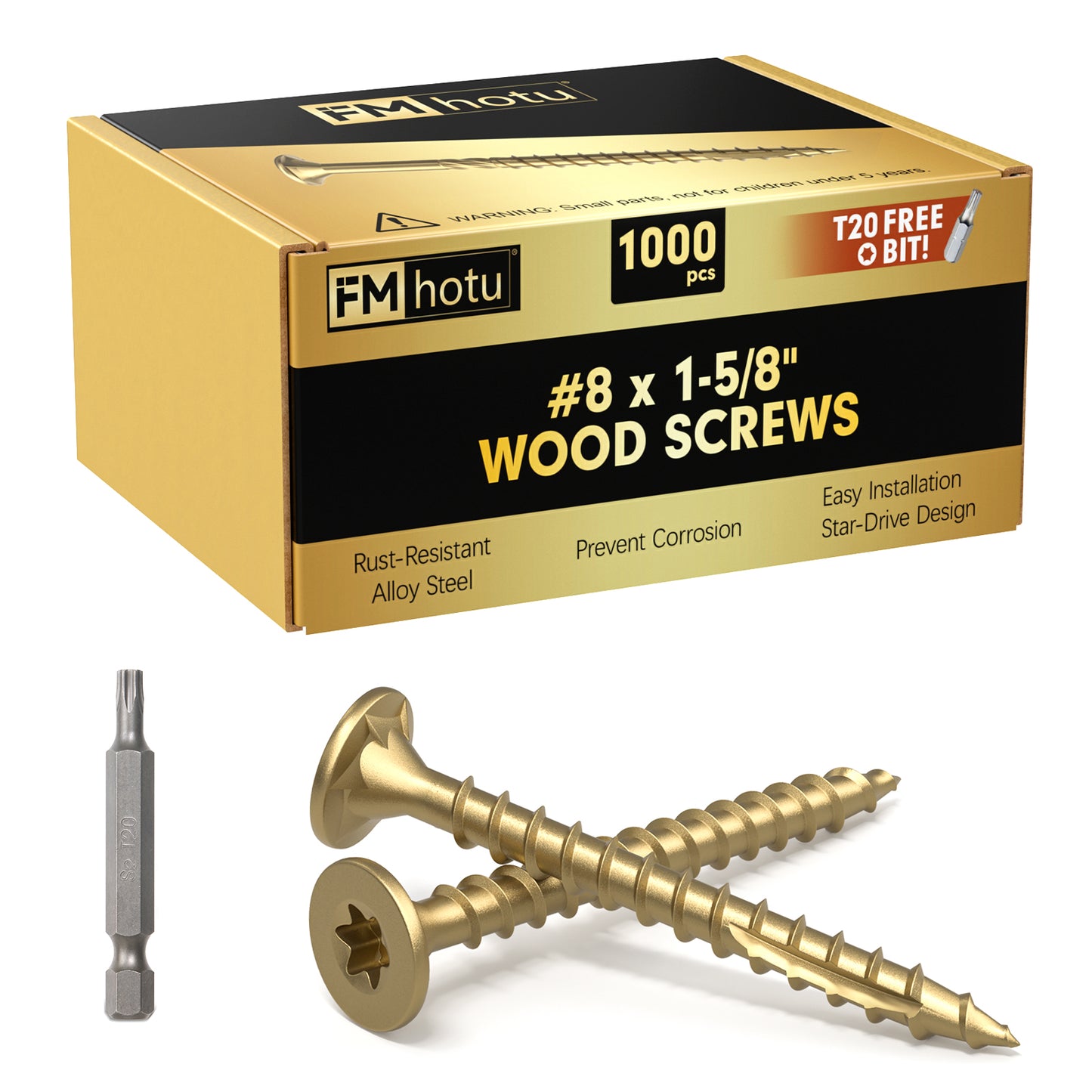 #8 x 1-5/8" Deck Screws, Star Drive Wood Screws, Rust Resistant Timber Screws for Timber/Log/Landscaping Wood, T20 Star Bit Included, Gold