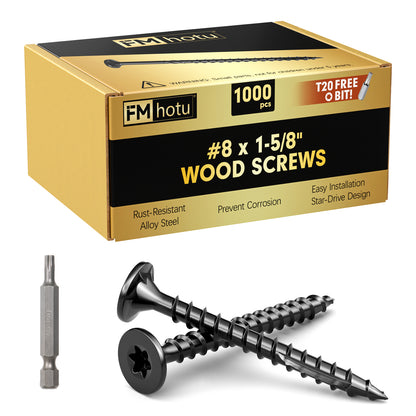 #8 x 1-5/8" Deck Screws, Star Drive Wood Screws, Rust Resistant Timber Screws for Timber/Log/Landscaping Wood, T20 Star Bit Included,Black