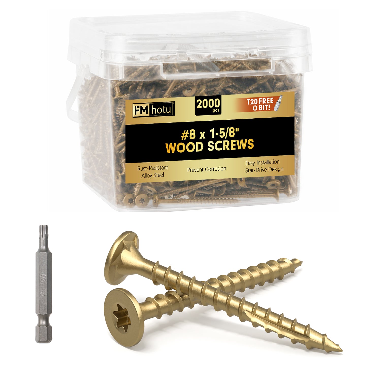 #8 x 1-5/8" Deck Screws, Star Drive Wood Screws, Rust Resistant Timber Screws for Timber/Log/Landscaping Wood, T20 Star Bit Included, Gold