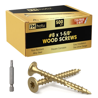 #8 x 1-5/8" Deck Screws, Star Drive Wood Screws, Rust Resistant Timber Screws for Timber/Log/Landscaping Wood, T20 Star Bit Included, Gold