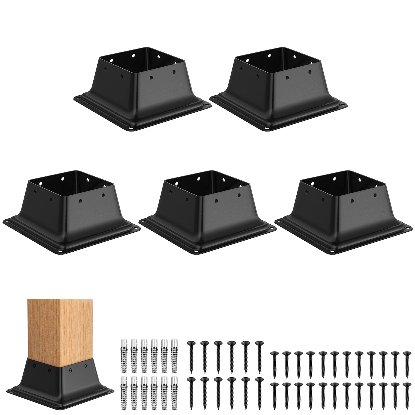 FMhotu 4x4 Post Base, Internal 3.6"x3.6" Heavy Duty Powder-Coated Steel Post Bracket Fit for Standard Wood Post Anchor, Decking Post Base for Deck Porch Handrail Railing Support with Screws