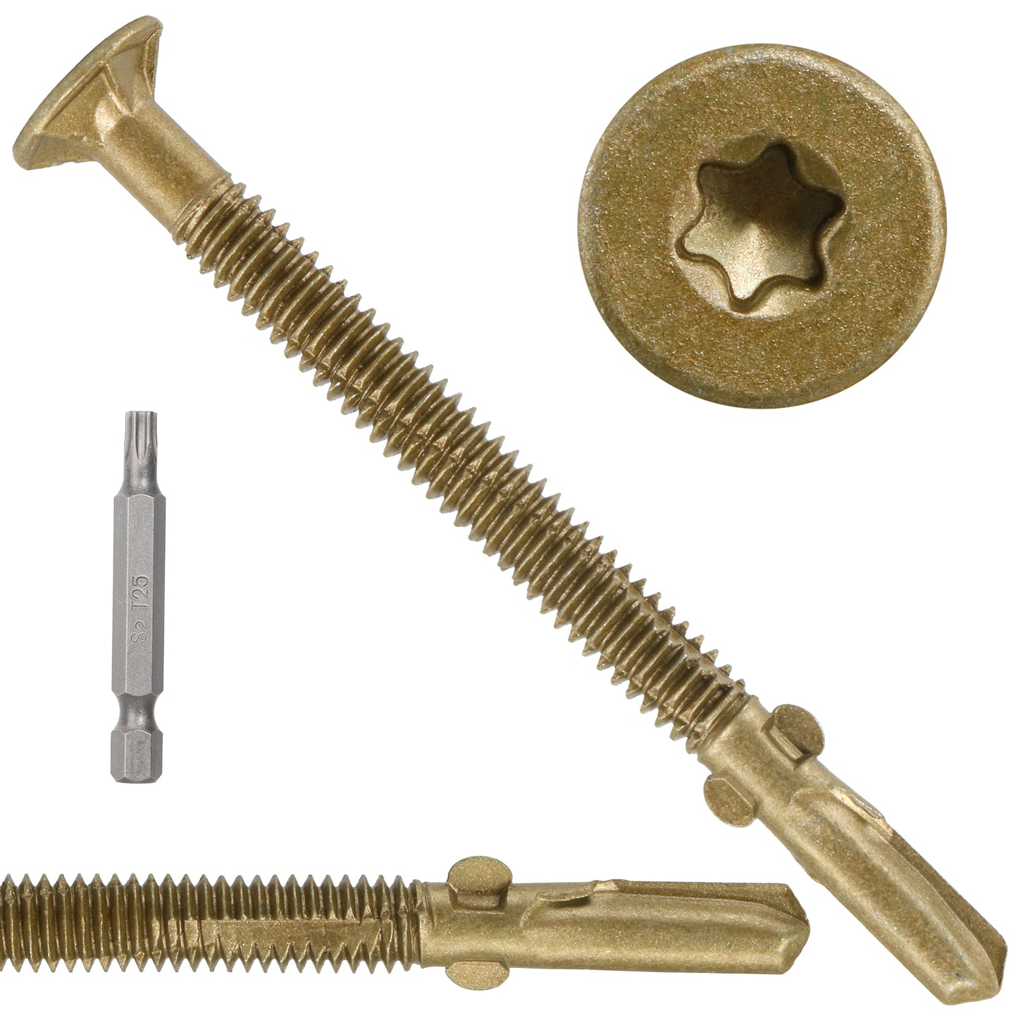 FMhotu #10 x 3" Trailer Deck Screws, Self-Tapping Sheet Wood Metal Screw, T25 Star Bits Reamer Tek Screws for Trailers, for Attaching Wood to Steel, Gold