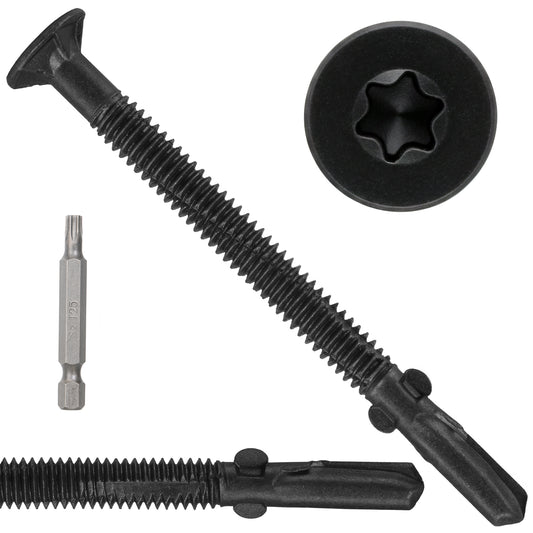 FMhotu #12 x 2-1/2" Trailer Deck Screws, Self-Tapping Sheet Wood Metal Screw, T25 Star Bits Reamer Tek Screws for Trailers, for Attaching Wood to Steel, Black