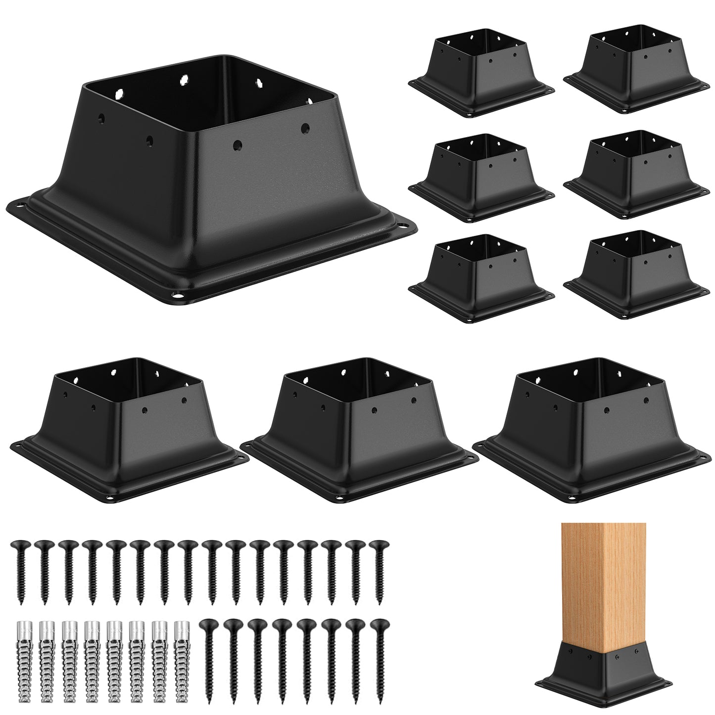 FMhotu 4x4 Post Base, Internal 3.6"x3.6" Heavy Duty Powder-Coated Steel Post Bracket Fit for Standard Wood Post Anchor, Decking Post Base for Deck Porch Handrail Railing Support with Screws