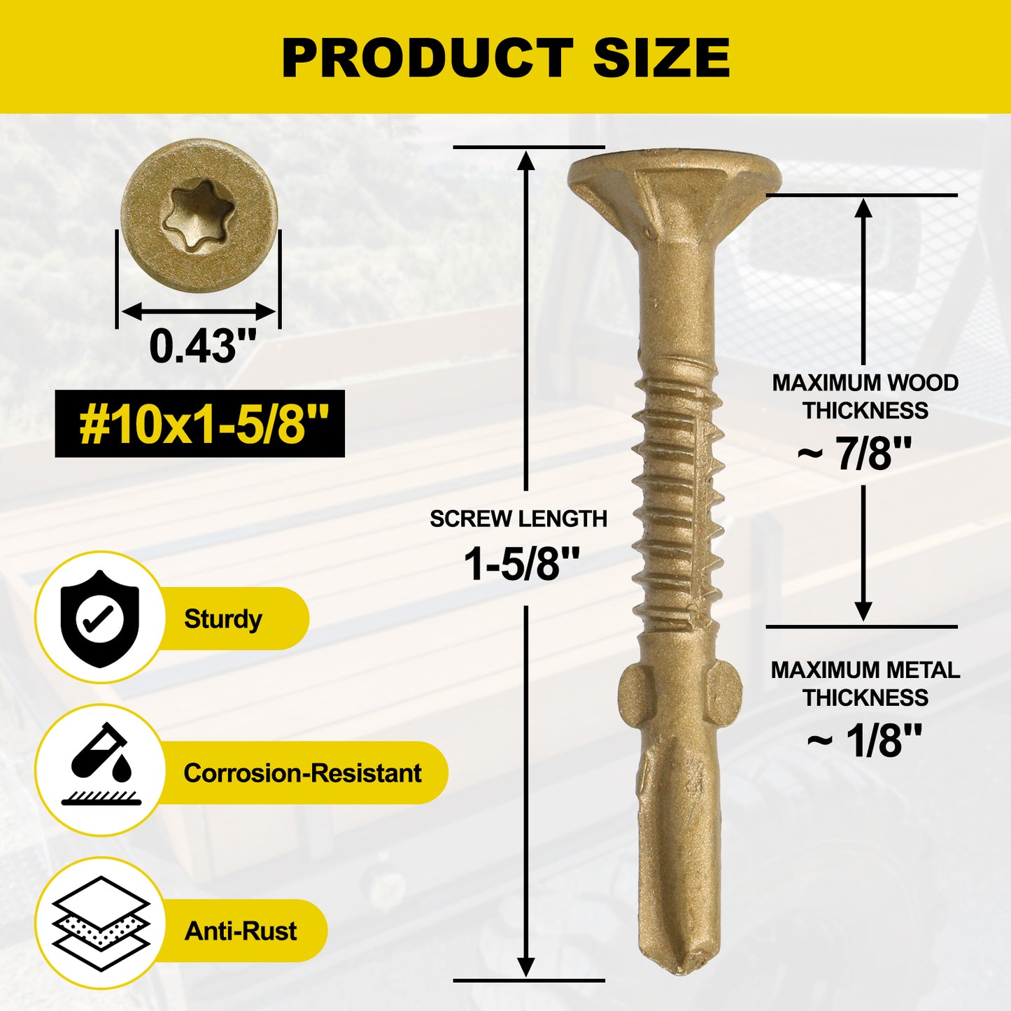 FMhotu #10 x 1-5/8" Trailer Deck Screws, Self-Tapping Sheet Wood Metal Screw, T25 Star Bits Reamer Tek Screws for Trailers, for Attaching Wood to Steel, Gold