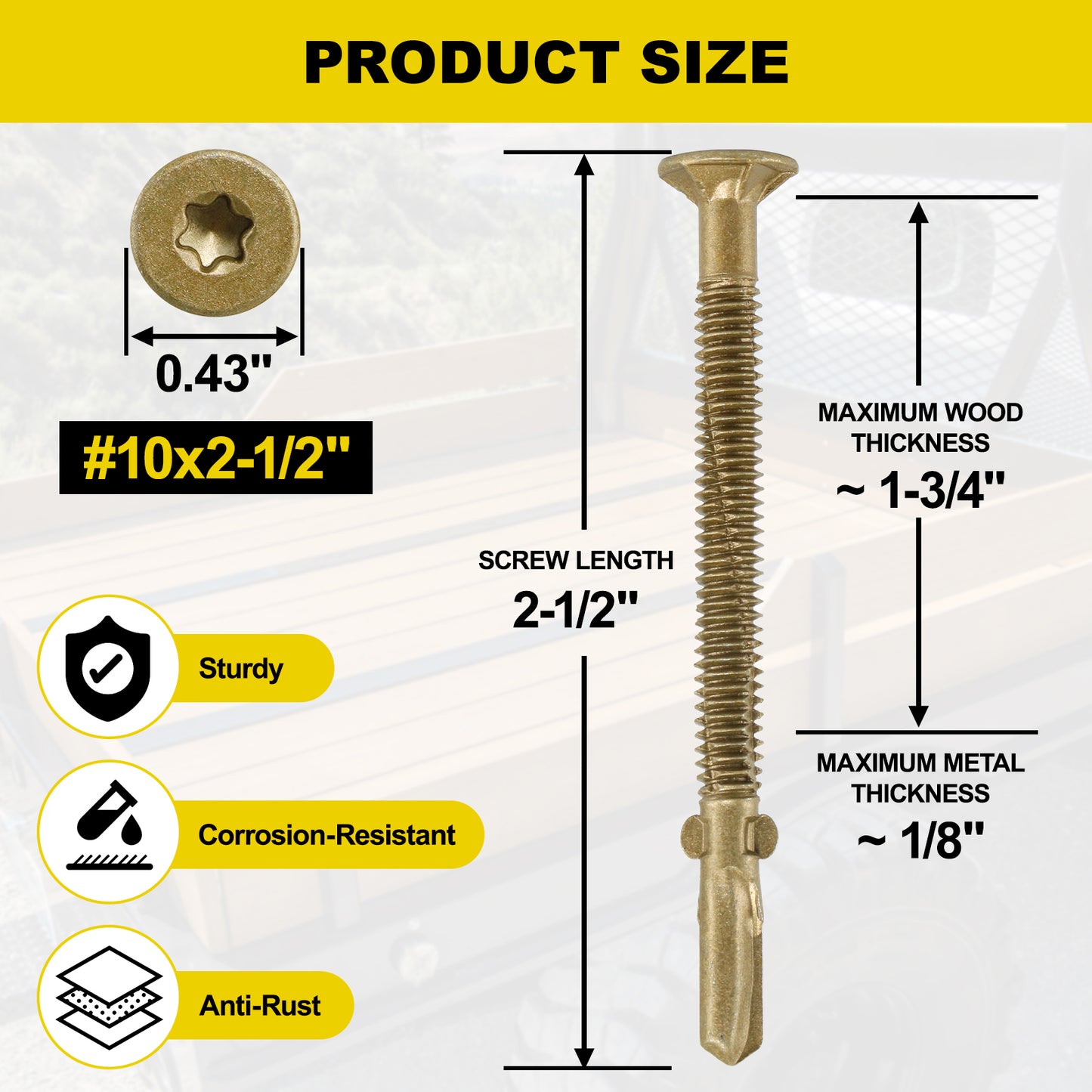 FMhotu #10 x 2-1/2" Trailer Deck Screws, Self-Tapping Sheet Wood Metal Screw, T25 Star Bits Reamer Tek Screws for Trailers, for Attaching Wood to Steel, Gold