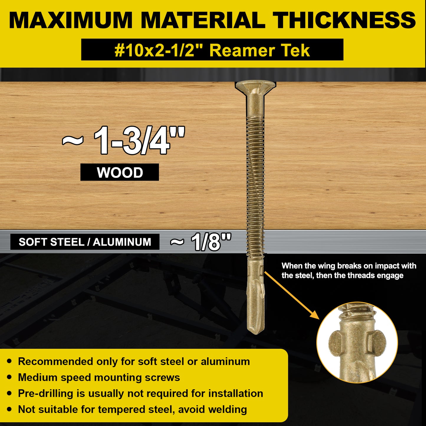 FMhotu #10 x 2-1/2" Trailer Deck Screws, Self-Tapping Sheet Wood Metal Screw, T25 Star Bits Reamer Tek Screws for Trailers, for Attaching Wood to Steel, Gold