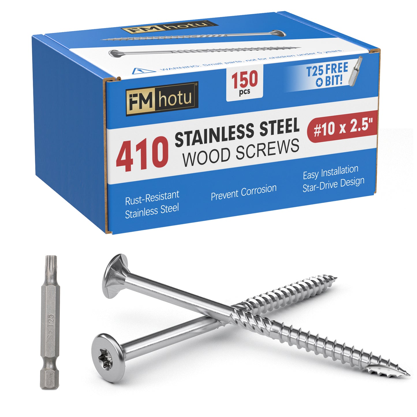 #10 x 2.5" Stainless Steel Deck Screws, Deck Screws T25 Star Bit, 410 Grade Stainless Steel, Rust Resistant Timber Screws for Log Landscaping Wood