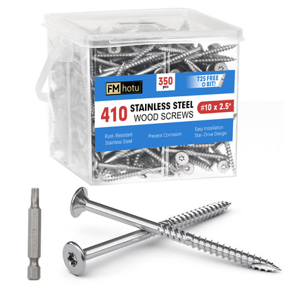 #10 x 2.5" Stainless Steel Deck Screws, Deck Screws T25 Star Bit, 410 Grade Stainless Steel, Rust Resistant Timber Screws for Log Landscaping Wood