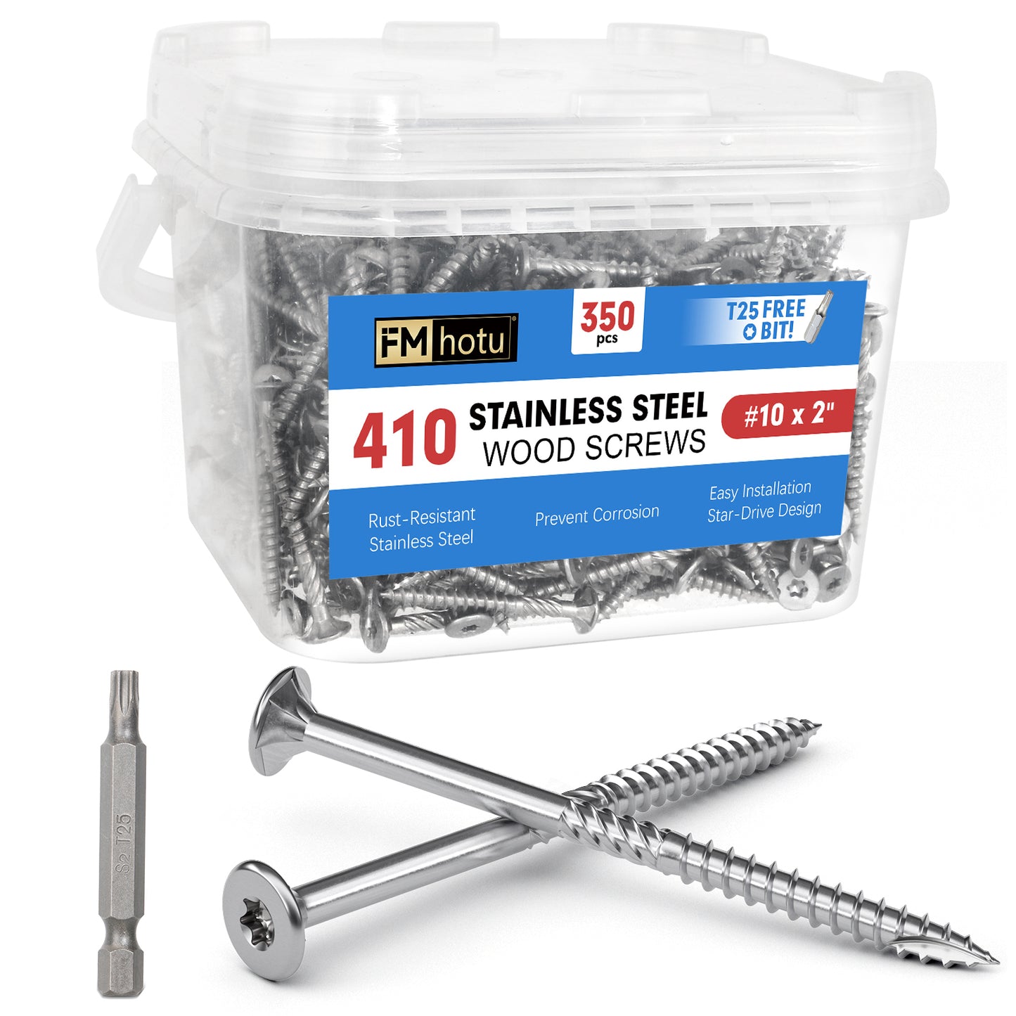 #10 x 2" Stainless Steel Deck Screws, Deck Screws T25 Star Bit, 410 Grade Stainless Steel, Rust Resistant Timber Screws for Log Landscaping Wood