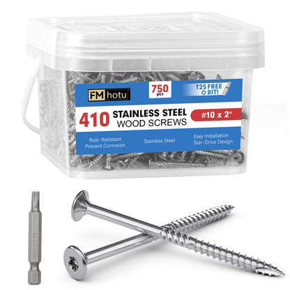 #10 x 2" Stainless Steel Deck Screws, Deck Screws T25 Star Bit, 410 Grade Stainless Steel, Rust Resistant Timber Screws for Log Landscaping Wood
