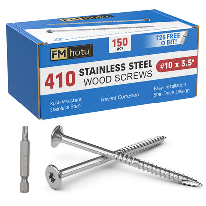 #10 x 3.5" Stainless Steel Deck Screws, Deck Screws T25 Star Bit, 410 Grade Stainless Steel, Rust Resistant Timber Screws for Log Landscaping Wood