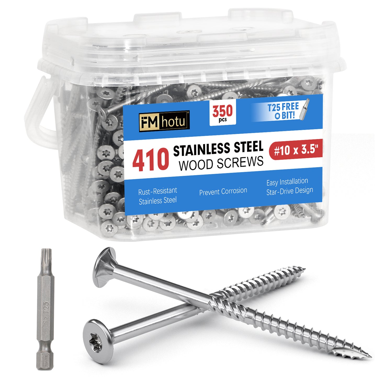 #10 x 3.5" Stainless Steel Deck Screws, Deck Screws T25 Star Bit, 410 Grade Stainless Steel, Rust Resistant Timber Screws for Log Landscaping Wood