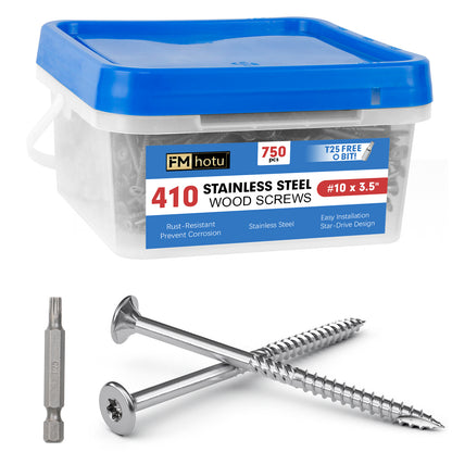 #10 x 3.5" Stainless Steel Deck Screws, Deck Screws T25 Star Bit, 410 Grade Stainless Steel, Rust Resistant Timber Screws for Log Landscaping Wood
