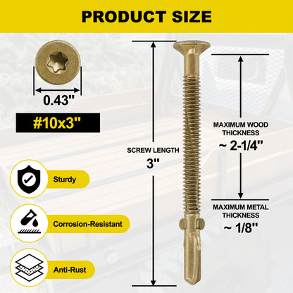 FMhotu #10 x 3" Trailer Deck Screws, Self-Tapping Sheet Wood Metal Screw, T25 Star Bits Reamer Tek Screws for Trailers, for Attaching Wood to Steel, Gold