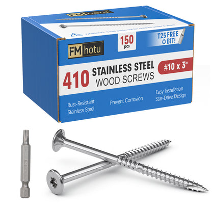 #10 x 3" Stainless Steel Deck Screws, Deck Screws T25 Star Bit, 410 Grade Stainless Steel, Rust Resistant Timber Screws for Log Landscaping Wood