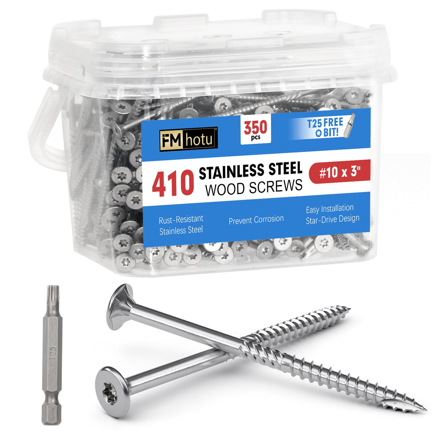 #10 x 3" Stainless Steel Deck Screws, Deck Screws T25 Star Bit, 410 Grade Stainless Steel, Rust Resistant Timber Screws for Log Landscaping Wood