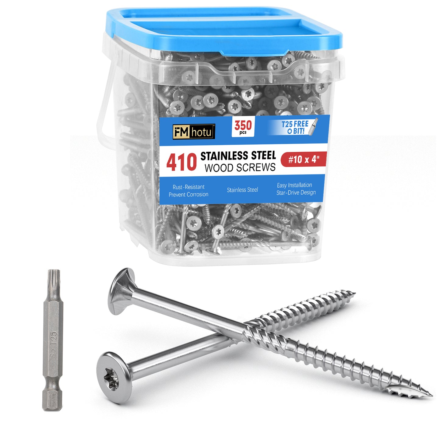 #10 x 4" Stainless Steel Deck Screws, Deck Screws T25 Star Bit, 410 Grade Stainless Steel, Rust Resistant Timber Screws for Log Landscaping Wood