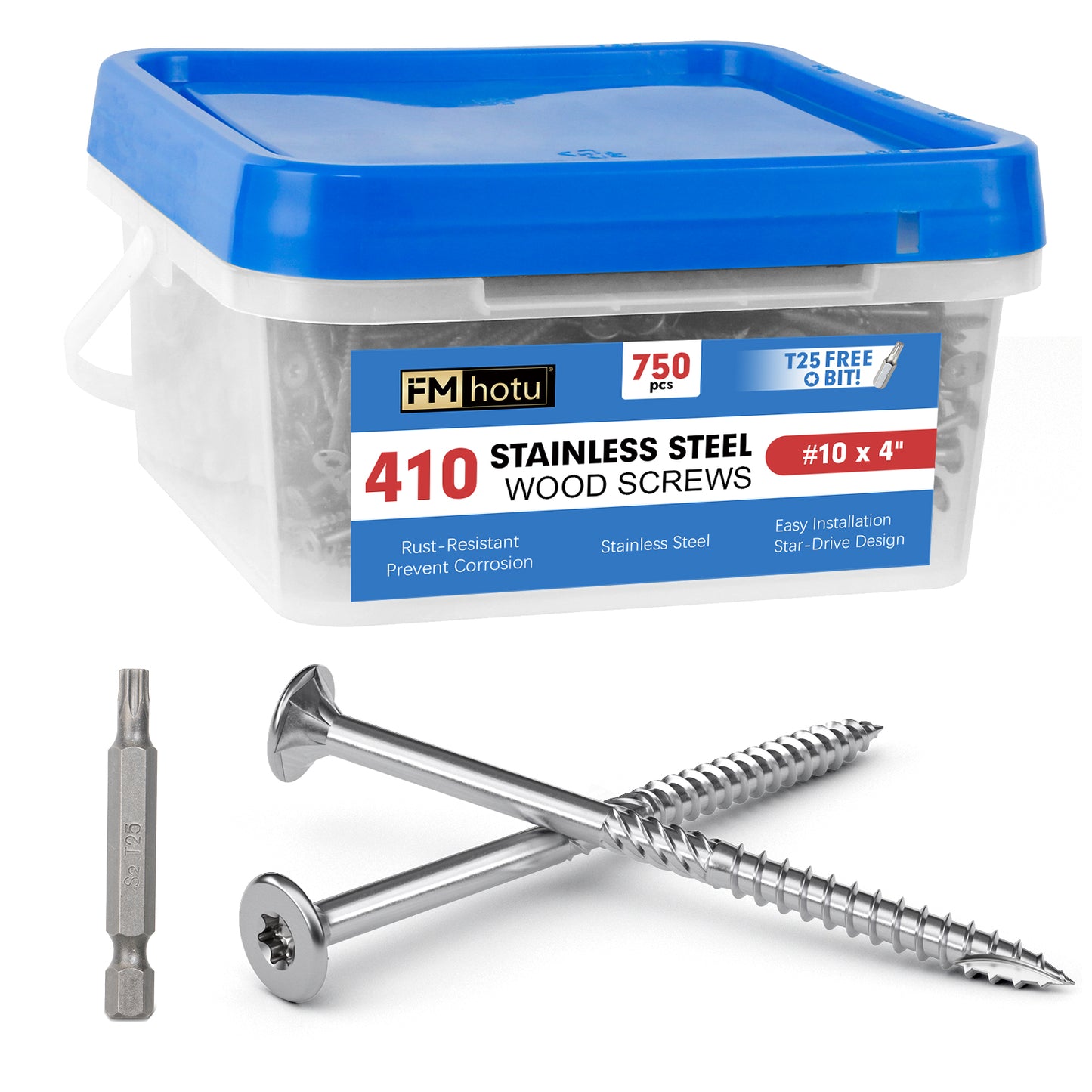 #10 x 4" Stainless Steel Deck Screws, Deck Screws T25 Star Bit, 410 Grade Stainless Steel, Rust Resistant Timber Screws for Log Landscaping Wood