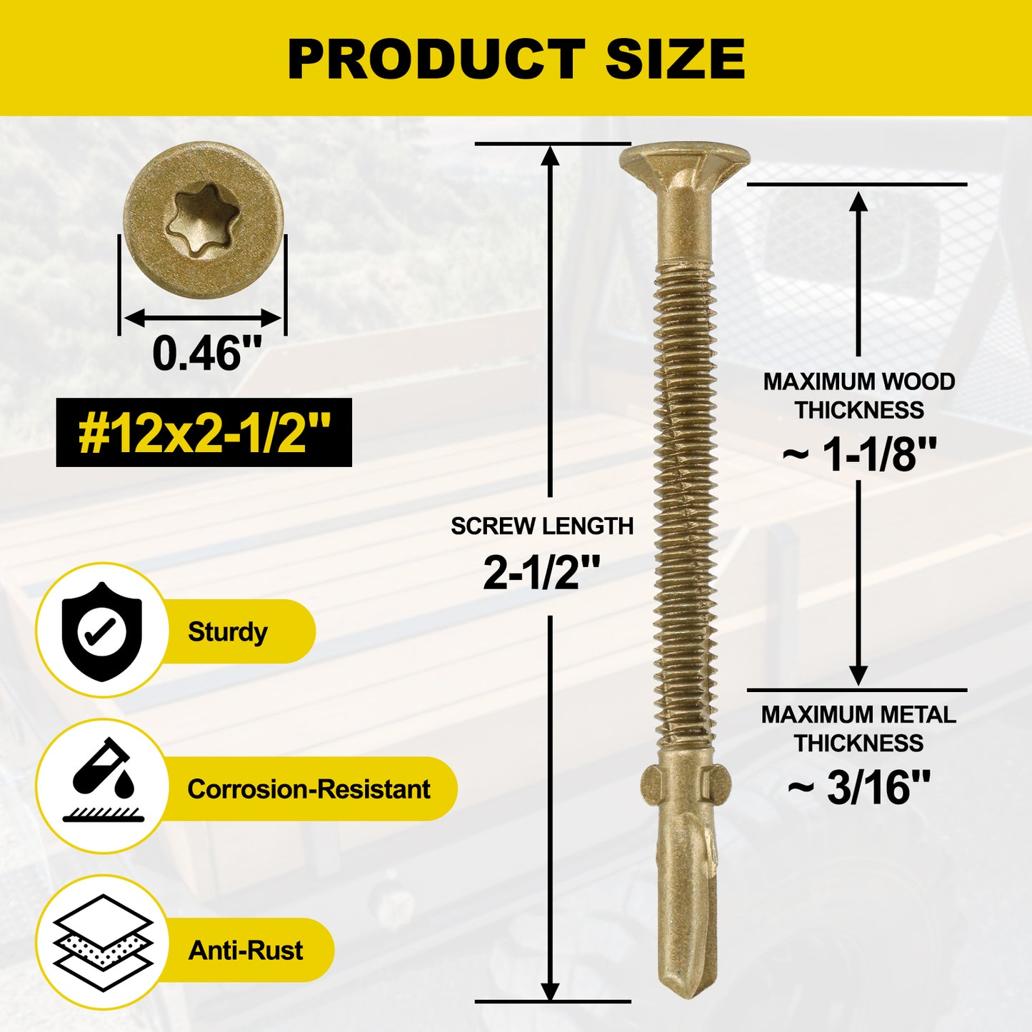 FMhotu #12 x 2-1/2" Trailer Deck Screws, Self-Tapping Sheet Wood Metal Screw, T25 Star Bits Reamer Tek Screws for Trailers, for Attaching Wood to Steel, Gold