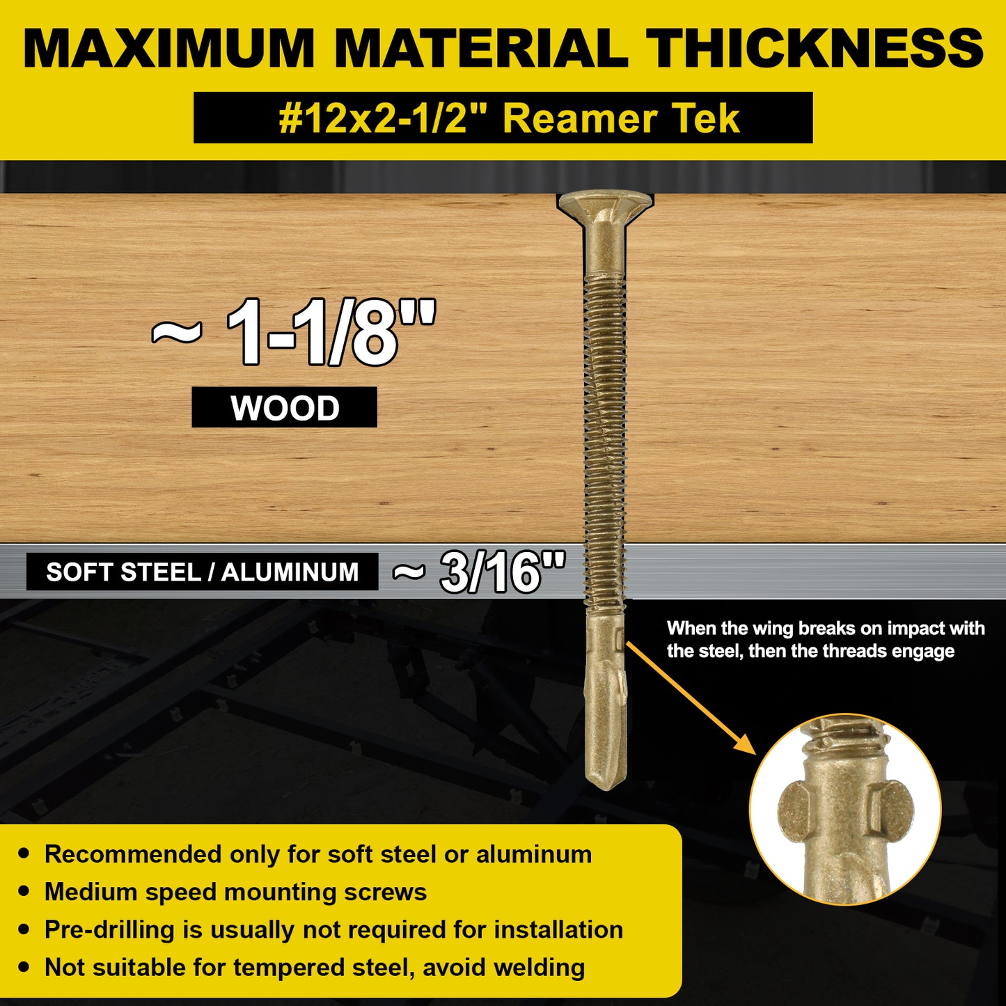 FMhotu #12 x 2-1/2" Trailer Deck Screws, Self-Tapping Sheet Wood Metal Screw, T25 Star Bits Reamer Tek Screws for Trailers, for Attaching Wood to Steel, Gold