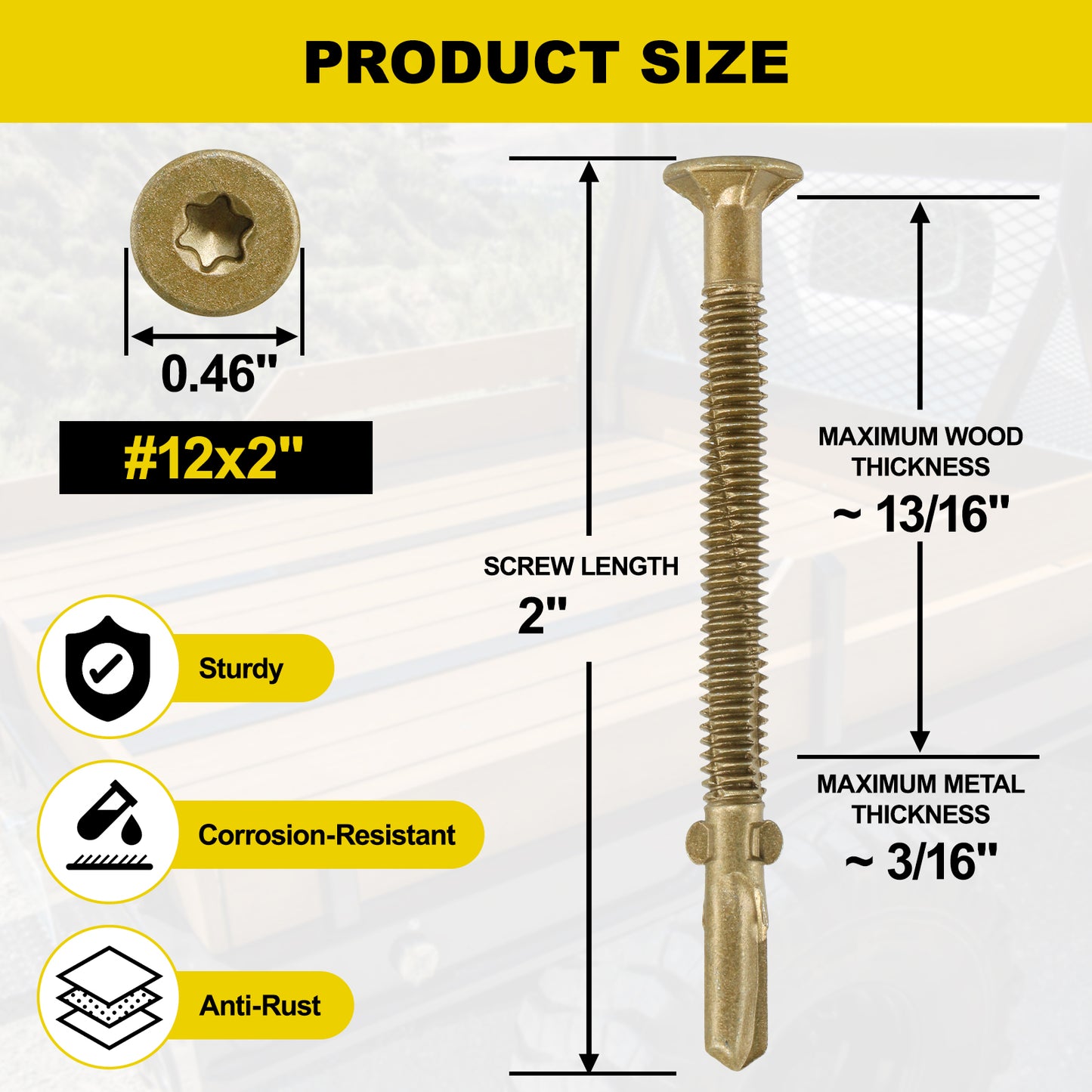FMhotu #12 x 2" Trailer Deck Screws, Self-Tapping Sheet Wood Metal Screw, T25 Star Bits Reamer Tek Screws for Trailers, for Attaching Wood to Steel, Gold