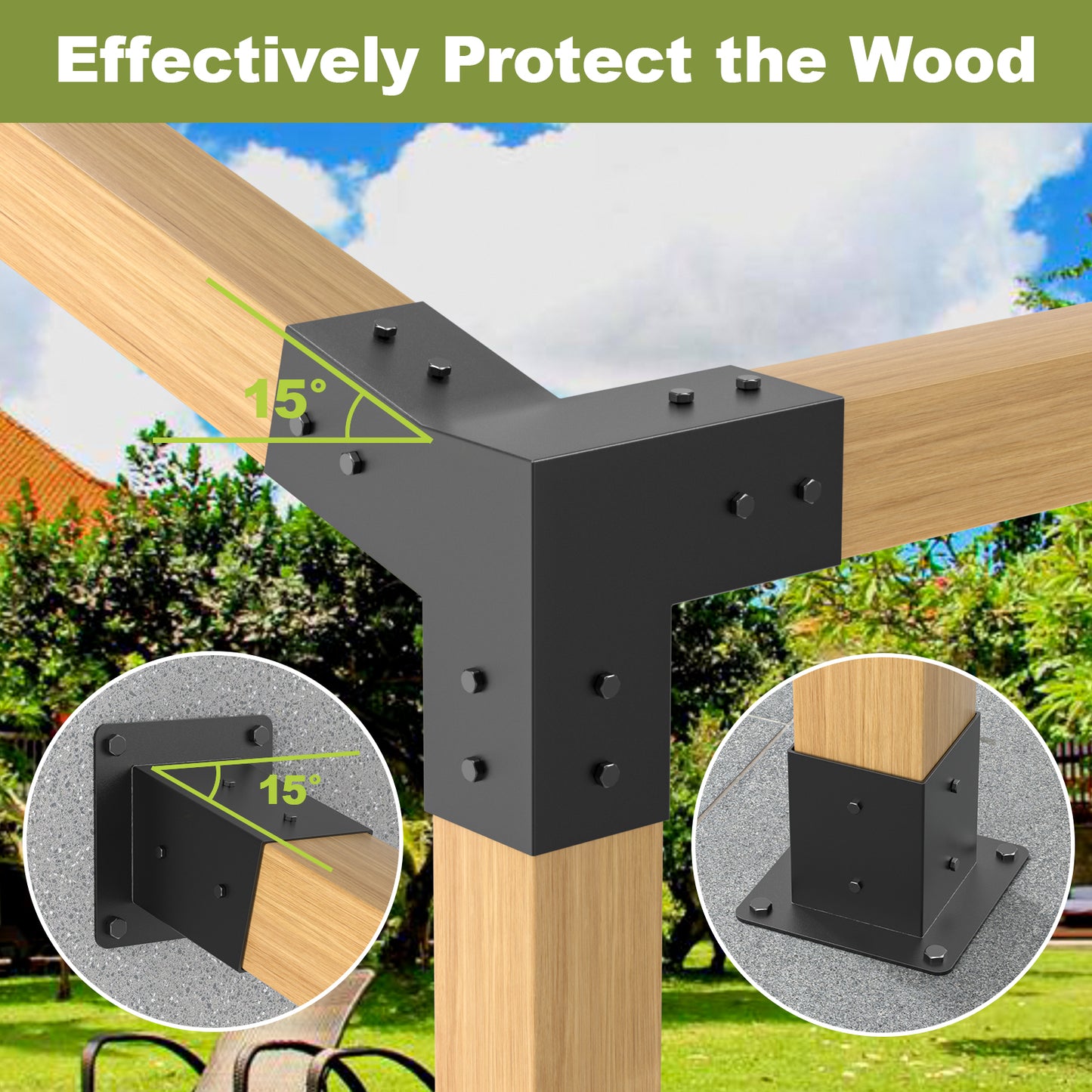 15° 3-Way 6pcs Slanted Roof Pergola Bracket Set, Roof Wall Mount Extension Bracket Kit,4" x 4" (Actual: 3.5x3.5 Inch) Powder-Coated Pergola Hardware for Porch,Gazebo, Backyard