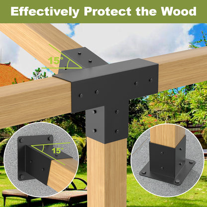 15° 4-Way 3pcs Slanted Roof Pergola Bracket Set, Roof Wall Mount Extension Bracket Kit,4" x 4" (Actual: 3.5x3.5 Inch) Powder-Coated Pergola Hardware for Porch,Gazebo, Backyard