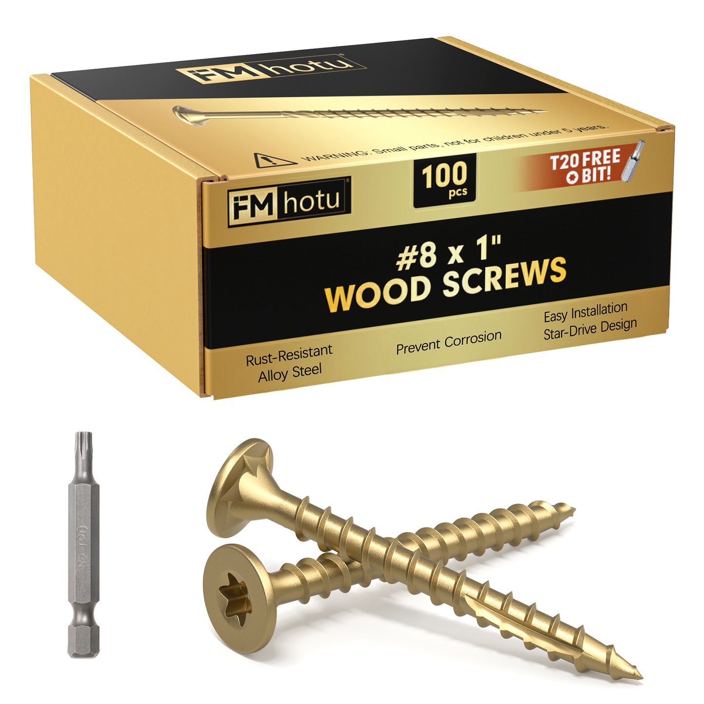 #8 x 1" Deck Screws, Star Drive Wood Screws, Rust Resistant Timber Screws for Timber/Log/Landscaping Wood, T20 Star Bit Included, Gold