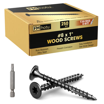 #8 x 1" Deck Screws, Star Drive Wood Screws, Rust Resistant Timber Screws for Timber/Log/Landscaping Wood, T20 Star Bit Included, Black