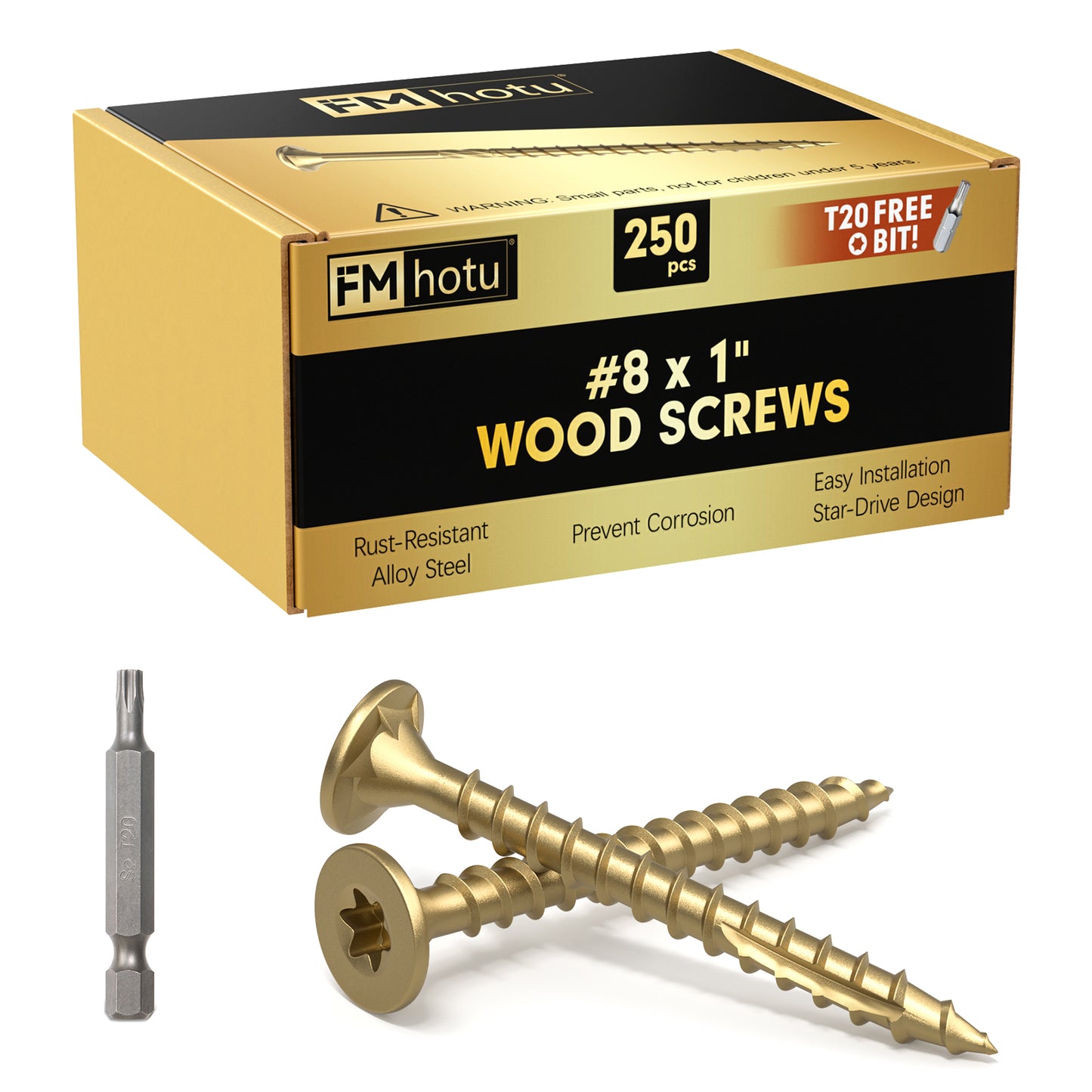 #8 x 1" Deck Screws, Star Drive Wood Screws, Rust Resistant Timber Screws for Timber/Log/Landscaping Wood, T20 Star Bit Included, Gold
