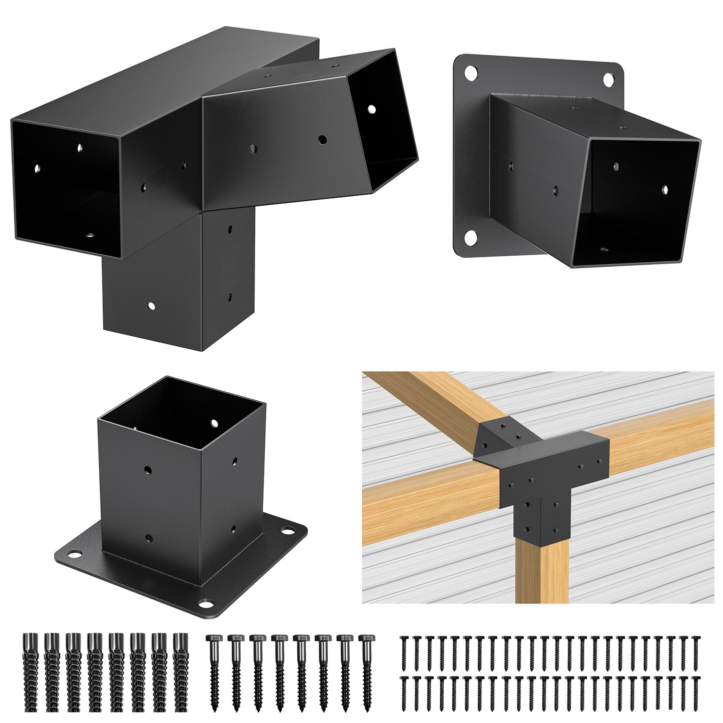 15° 4-Way 3pcs Slanted Roof Pergola Bracket Set, Roof Wall Mount Extension Bracket Kit,4" x 4" (Actual: 3.5x3.5 Inch) Powder-Coated Pergola Hardware for Porch,Gazebo, Backyard