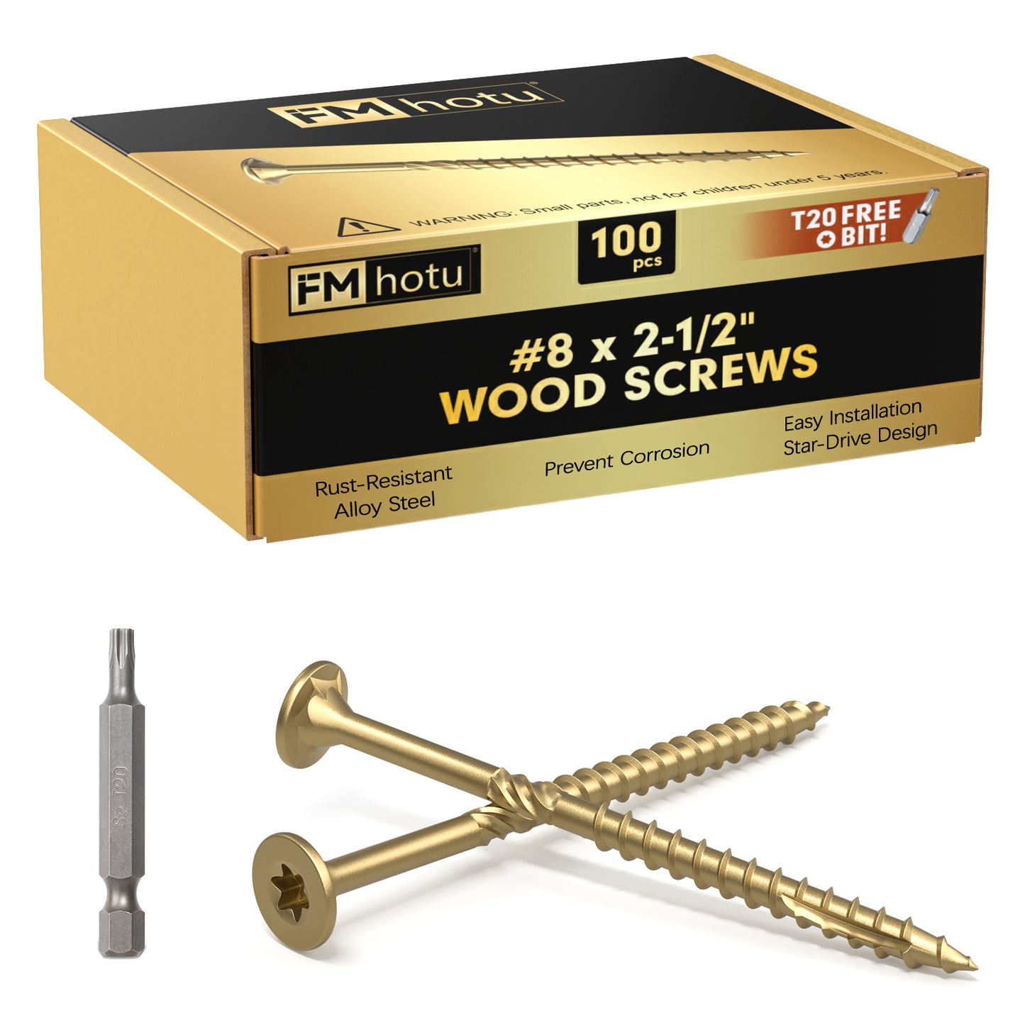 #8 x 2-1/2" Deck Screws, Star Drive Wood Screws, Rust Resistant Timber Screws for Timber/Log/Landscaping Wood, T20 Star Bit Included, Gold