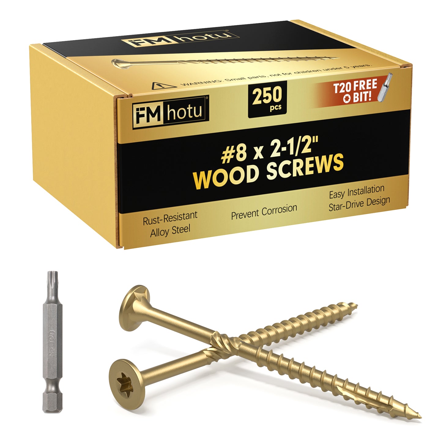 #8 x 2-1/2" Deck Screws, Star Drive Wood Screws, Rust Resistant Timber Screws for Timber/Log/Landscaping Wood, T20 Star Bit Included, Gold