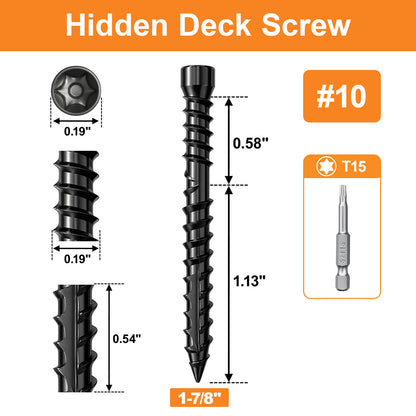 FMhotu #10 x 1-7/8" Hidden Deck Screws, Star Drive Countersunk Wood Screws, Rust Resistant Timber Screws, T15 Star Bit Included, Black