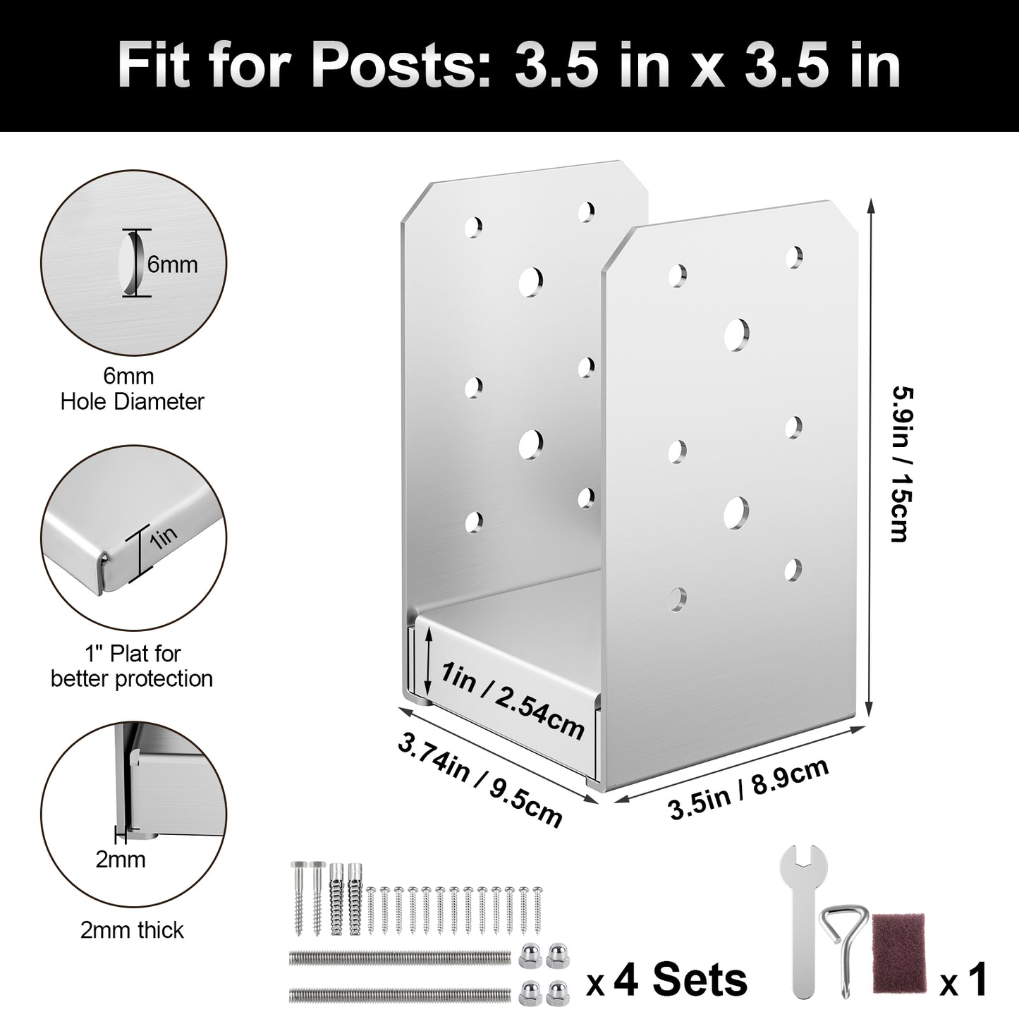 FMhotu 4"x 4" Post Base, Stainless Steel Adjustable Post Anchor Bracket (Internal 3.5 x 3.5), Adjustable Post Base for Pavilion Deck Porch Handrail Railing Support Decorative Anchor Plate