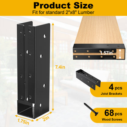 FMhotu Concealed Joist Hanger, 2"x8" Outdoor Concealed-Flange Joist Bracket with Screws, Q235B Steel Powder Coated Concealed Mount Light Joist Hangers for 2"x8" Beam, Swing, Handrail, Fence