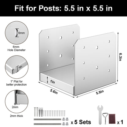 FMhotu 6"x 6" Post Base, Stainless Steel Adjustable Post Anchor Bracket(Internal 5.5 x 5.5), Adjustable Post Base for Pavilion Deck Porch Handrail Railing Support Decorative Anchor Plate