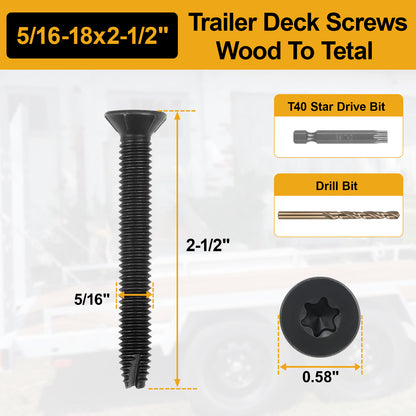 5/16-18 x 2 1/2'' Flat Head Thread Cutting Self Drilling Deck Screws, Type 7, Star Drive T-30, Steel Floorboard Thread Cutting Screws for Wood & Metal